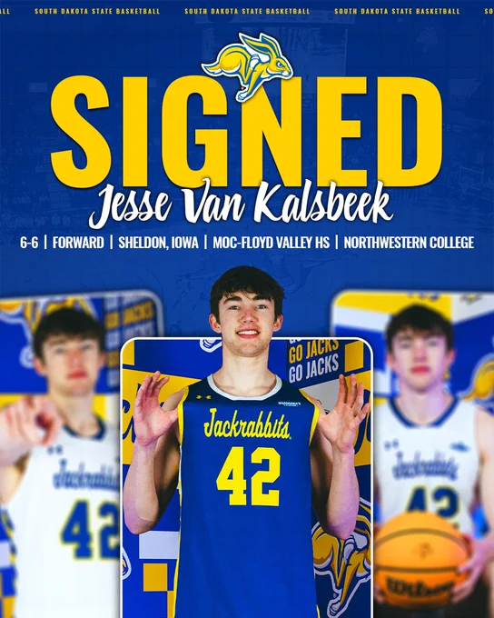 Graphic announcing South Dakota State men’s basketball signing Jesse Van Kalsbeek. Blue and yellow design with large text reading “SIGNED,” player name, and details: 6‑6 forward from Sheldon, Iowa; Moc‑Floyd Valley High School; Northwestern College. Center photo shows a basketball player wearing a Jackrabbits jersey number 42.