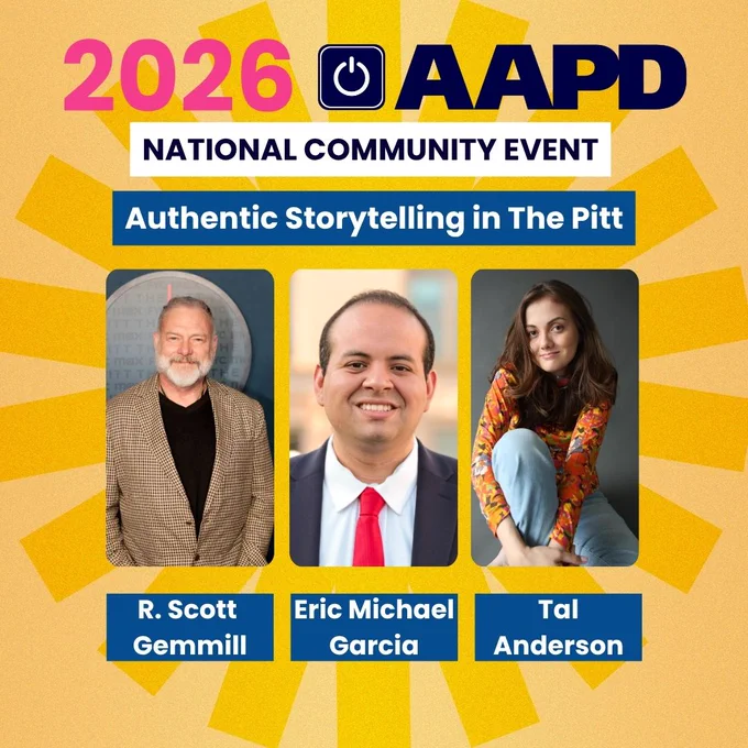 Graphic highlighting the National Community Event featuring headshots of R. Scott Gemmill, Eric Michael Garcia, and Tal Anderson.