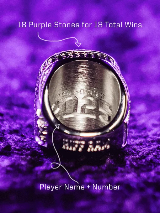 Graphic of TCU Soccer’s 2025 ring highlighting details such as 18 purple stones for 18 total wins and the player’s name and number.