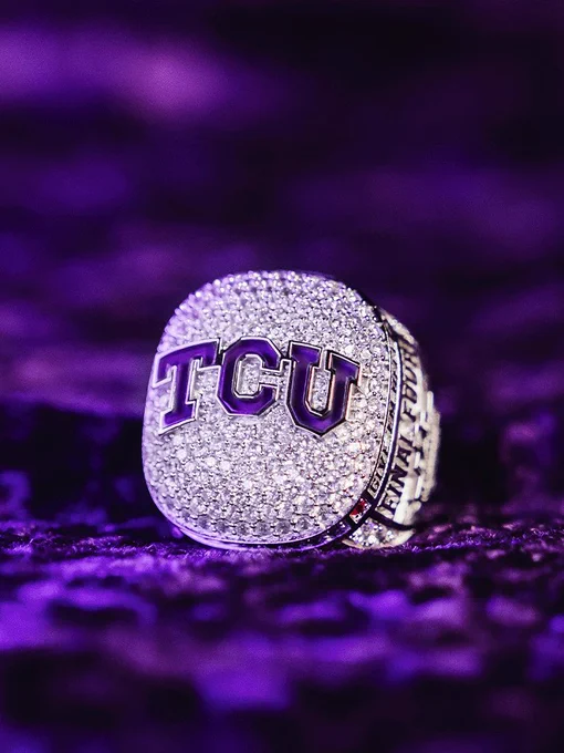 Front-facing of TCU Soccer’s 2025 rings with the TCU logo on the front face
