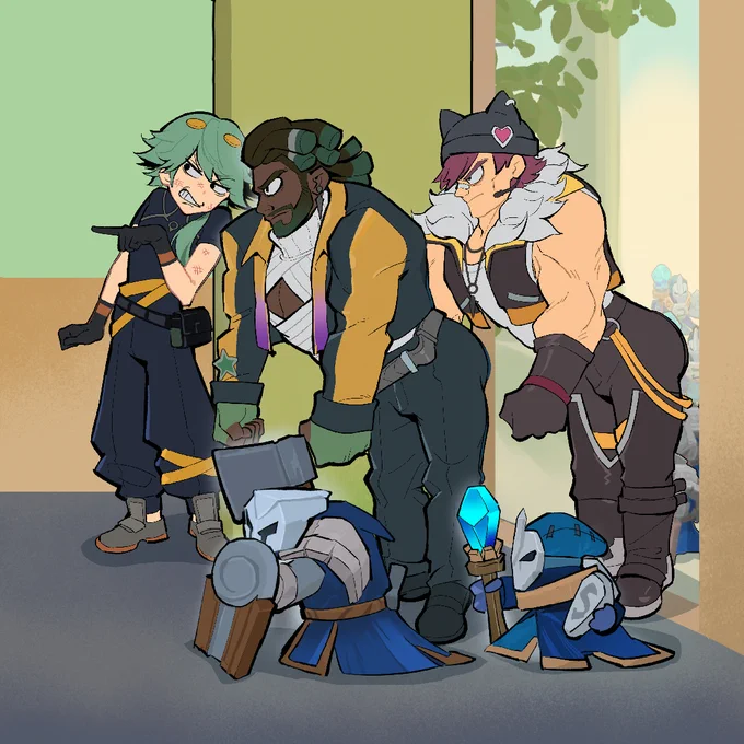 Injured Heartsteel Ezreal stands at the doorway, pointing in a direction. Heartsteel K'Sante and Heartsteel Sett have just walked in, ready to fight, fists clenched and staring where Ezreal points. Beside them are a Melee Minion and a Ranged Minion, and outside the door, many more minions are lined up waiting to enter.
