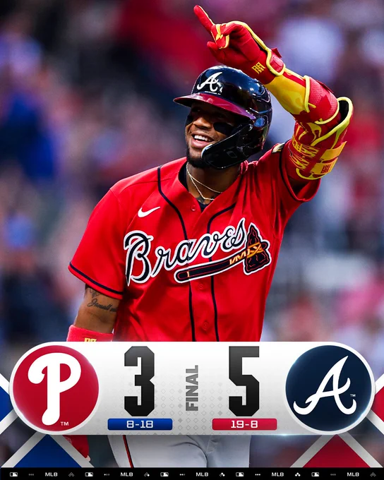 Final Score Graphic: 4/24/26
Philadelphia Phillies 3 (8-18), Atlanta Braves 5 (19-8)

Pictured: Ronald Acuña Jr. points to the sky in celebration after hitting a home run. He wears a red Atlanta Braves jersey and a dark blue batting helmet with red details.