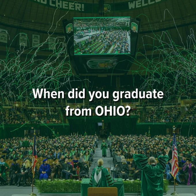 Confetti raining down on graduates at Commencement. Text says "When did you graduate from OHIO?"