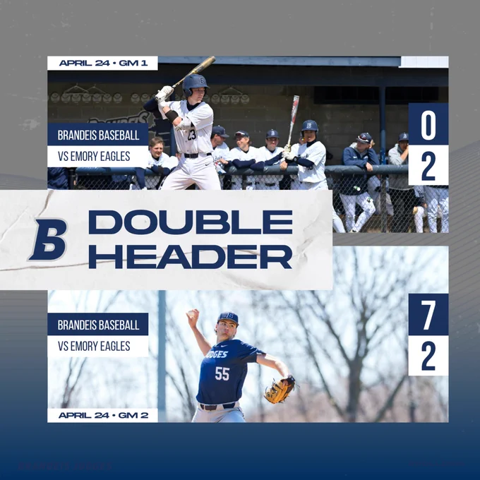 TEXT: DOUBLEHEADER: April 24, Game 1: Brandeis Baseball 0, Emory Eagles 2; Game 2: Brandeis Baseball 7, Emory Eagles 2
IMAGES: Top: Quinn Lanagan at the plate; Bottom, Andrew Tringe throwing a pitch