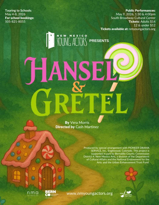 Colorful poster for New Mexico Young Actors' production of Hansel & Gretel featuring a gingerbread house and forest background.