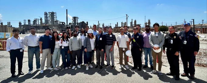 Group of USC students visiting PBF Energy's Torrance Refining Company location to learn about the refining process.
