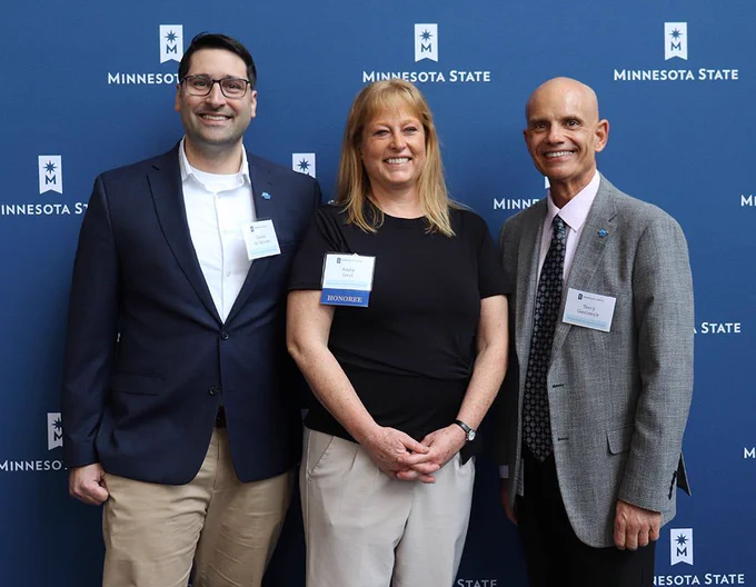 Dr. Anita Gaul and Minnesota West President Dr. Terry Gaalswyk along with VP of Academic Affairs Daniel De Moraes.