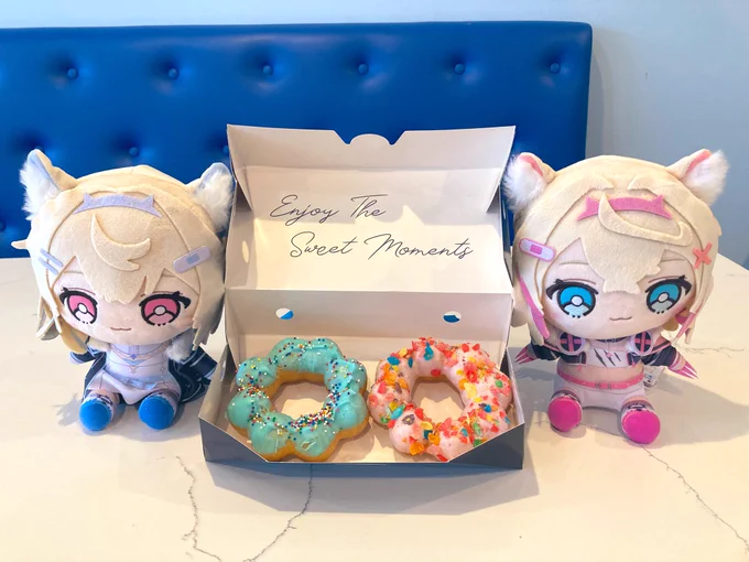 Fuwamoco friends with u plushies. I took them out for Michu donuts. Bau bau