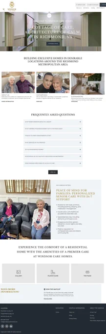 Full-page view of a modern care home website with clean layout, service sections, and call-to-action buttons.
