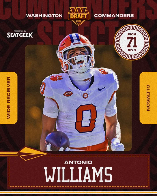 Graphic. It features a photo of Antonio Williams and says "R3 Pick 71."