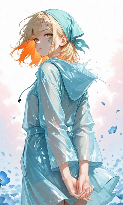 //Fashion
1girl:1.5, (determined expression, resolute, purposeful, firm:1.5),
BREAK,
(Arms behind back:1.2),
BREAK,
(shiny raincoat:1.2), (From Behind, Looking Away),
BREAK, 
(watercolor style, fluid colors:1.4), (dreamy scene using soft pastel colors:1.2),
BREAK,
(Meconopsis, nemophila:1.8), (summit plateau:1.2), (wind effect:1.1), (before dawn:1.2), (Light and shadow effects), (blue petal:1.3)
BREAK
