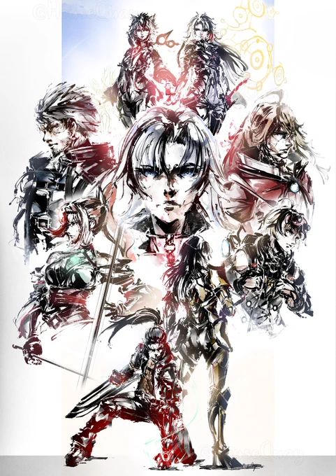 My fanart for XC3:FR's 3rd anniversary, 25th April 2026. The style is a digitally created inkbrush and watercolour style. In terms of characters, a head portrait of Alpha/Alvis is in the centre, and the other characters are arranged in a circle around him. Matthew Vandham and Moebius/Consul N are at the bottom; Glimmer and Master Driver Rex are on the left; Nikol and Godcleaver Shulk are on the right; A and Na'el are above, with the Ontos core crystal between their hands directly in the middle of the page. There is a minimal amount of background work done, being a low opactiy bar along the bottom of the page to represent the ground that Matthew and N are standing on, with a rectangular shape of colour going up the middle of the page. It starts more yellow at the bottom, and becomes sky blue at the top with A and Na'el. There is also a column of white light going up the middle.