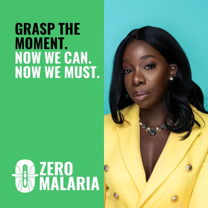 Anyika Onuora looks confidently down the camera. She wears a yellow jacket. In red and white bold text over bright mint green, it reads: Grasp the moment. Now We Can. Now We Must. Zero Malaria.
