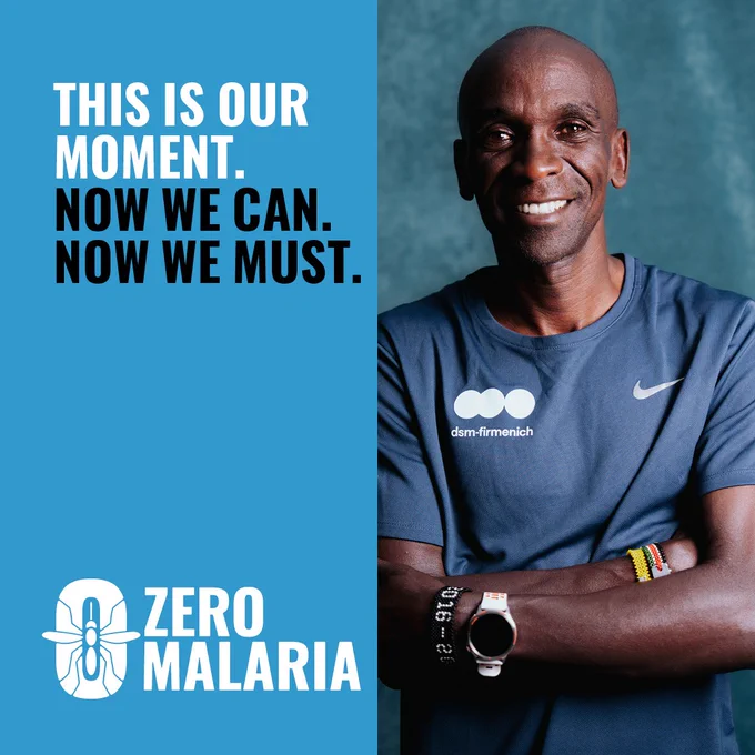 Eliud Kipchogee looks confidently down the camera. He wears a dark blue sports top. In red and black bold text, it reads: This is our moment. Now We Can. Now We Must. Zero Malaria.