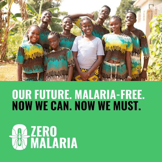 The Ghetto Kids dancers smile towards the camera. They wear African print matching outfits in teal, yellow and brown. Overlaid the text reads "our future. Malaria Free. Now We Can. Now We Must. Zero Malaria" over mint green. 