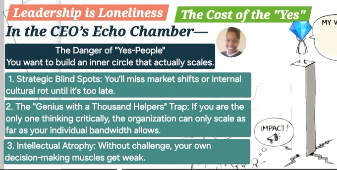 The Cost of the "Yes"
When you are surrounded by people who only mirror your own thoughts back to you, the risks are high:
 1. Strategic Blind Spots: You’ll miss market shifts or internal cultural rot until it’s too late.
 2. The "Genius with a Thousand Helpers" Trap: If you are the only one thinking critically, the organization can only scale as far as your individual bandwidth allows. 3. Intellectual Atrophy: Without challenge, your own decision-making muscles get weak.