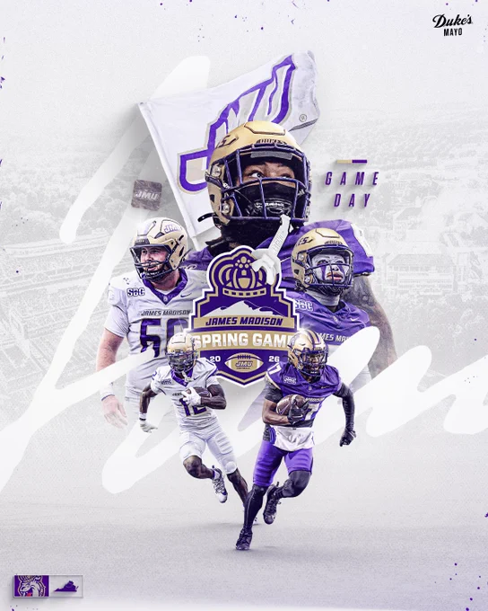 Game Day Graphic for the 2026 JMU Football Spring Game. Kickoff is at 2 p.m. from Bridgeforth Stadium.