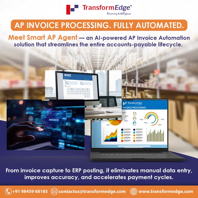 AP Invoice Processing. Fully Automated. ⚙️📄

Meet Smart AP Agent — an AI-powered solution designed to simplify and accelerate your entire accounts payable lifecycle.

From invoice capture to ERP posting, eliminate manual effort and unlock greater accuracy, speed, and efficiency.

✔️ Reduce manual data entry
✔️ Improve processing accuracy
✔️ Accelerate payment cycles
✔️ Gain better financial visibility

🚀 Transform your AP operations with intelligent automation

📞 Get in touch today to streamline your finance processes!

#transformedge #apautomation #invoiceprocessing #aiinfinance #accountspayable #digitaltransformation #erpintegration #businessefficiency #financeautomation #smartautomation #techsolutions #processoptimization #futureoffinance #automationsolutions #indiatech