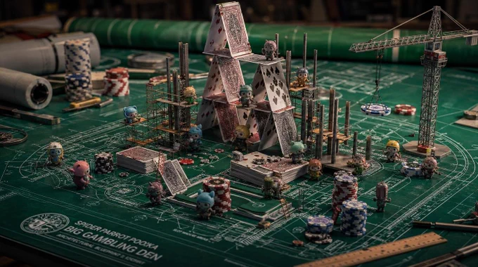 Architectural blueprint of Spider, Parrot, Pooka Big Gambling Den on green felt, photorealistic miniature casino under construction with card towers and chip cranes emerging from lines, chibi creatures on scaffolding, steel beams rising, studio soft lighting, cinematic depth, 2:3, witty chibi cute.
