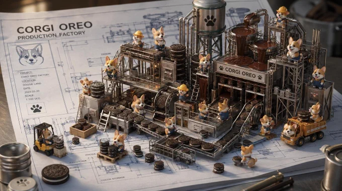 Architectural blueprint of Corgi Oreo Production Factory on stainless counter, photorealistic miniature factory under construction with cookie conveyors and chocolate waterfalls rising from paper, chibi corgis on scaffolding, steel lines threading, studio soft lighting, cinematic depth, 2:3, hilarious chibi cute.