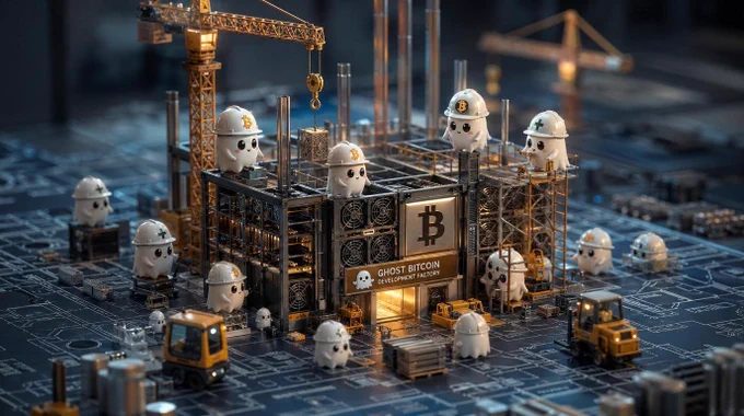 Architectural blueprint of Ghost Bitcoin Development Factory on circuit board, photorealistic miniature server farm under construction with mining rigs and blockchain cranes emerging, chibi ghosts on scaffolding, steel beams rising from lines, studio soft lighting, cinematic depth, 2:3, cheeky chibi cute.
