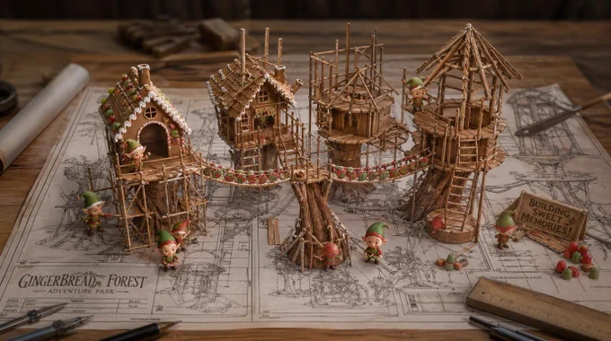 Architectural blueprint of Gingerbread Forest Adventure Park on wooden table, photorealistic miniature under-construction treehouses with candy bridges and wooden beams rising from drawn lines, chibi elves on scaffolding, steel lines threading paper, studio soft lighting, cinematic depth, 2:3, humorous chibi cute.