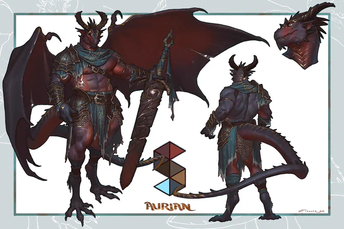 Full-body character sheet of Aurian, a muscular dragon mercenary with dark red and blue scales, large wings, and curved horns. He stands upright holding a massive sword, wearing worn armor and a teal scarf. Side views and a close-up of his head show his sharp features and calm, stern expression.