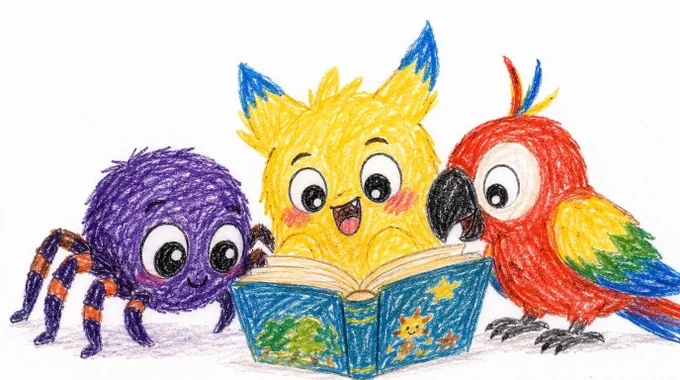 Crayon drawing illustration of chibi spider, parrot, pooka discovering story, hand-drawn with soft waxy texture, visible scribble marks, uneven coloring, playful childlike style, charming imperfections, layered crayon strokes, warm nostalgic feeling, vibrant colors, clean white background.