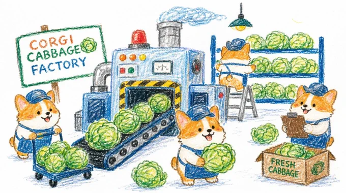 Crayon drawing illustration of chibi corgi cabbage production factory, hand-drawn with soft waxy texture, visible scribble marks, uneven coloring, playful childlike style, charming imperfections, layered crayon strokes, warm nostalgic feeling, vibrant colors, clean white background.