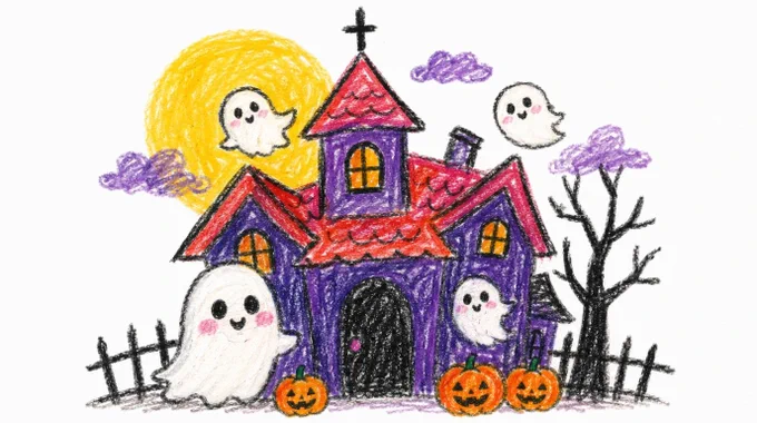 Crayon drawing illustration of chibi ghost cute scary haunted house, hand-drawn with soft waxy texture, visible scribble marks, uneven coloring, playful childlike style, charming imperfections, layered crayon strokes, warm nostalgic feeling, vibrant colors, clean white background.