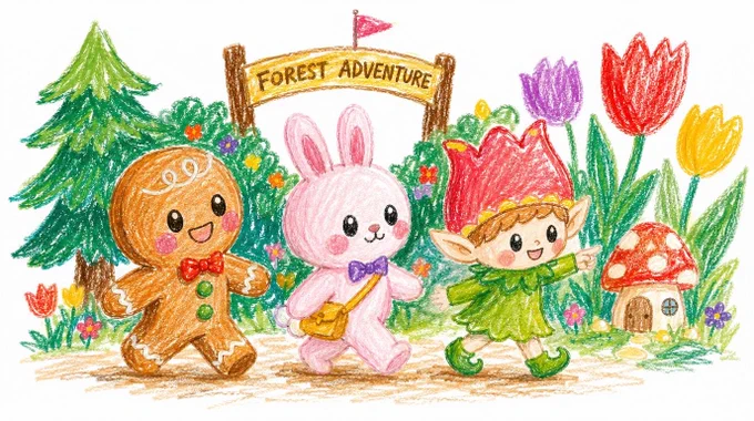 Crayon drawing illustration of chibi gingerbread man, bunny and tulip elf forest adventure park, hand-drawn with soft waxy texture, visible scribble marks, uneven coloring, playful childlike style, charming imperfections, layered crayon strokes, warm nostalgic feeling, vibrant colors, clean white background.