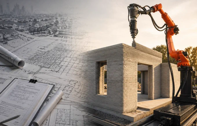 A split-image showing architectural plans and permits on one side and a robotic system 3D-printing a small home on the other, illustrating the shift from housing permission to scalable construction. 