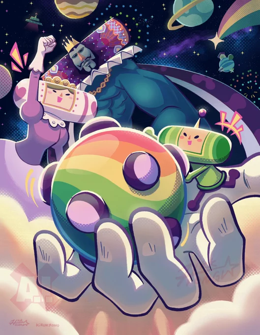 Fanart illustration for the Katamari series.

Image portrays the King of all Cosmos outstretching his arm towards the camera while holding his son the Prince above the clouds as he rolls the Katamari ball. The Queen of all Cosmos is cheering on the Prince next to the King, who has a small yet proud smile. The two are in space.