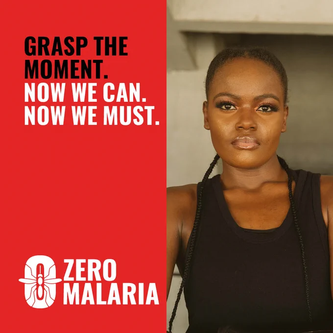 Sherrie Silver looks with strength down the camera. She wears a black tank top and her hair in two braids. Overlaid in black, white text over bright red reads: Grasp the moment. Now We Can. Now We Must. Zero Malaria. 