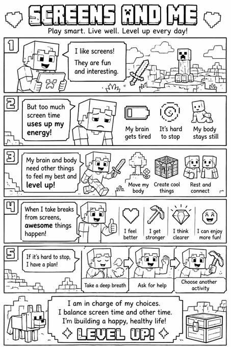 A Minecraft themed social story aim to get children off screens about how screens are fun but you need to do other things like move your body to be healthy