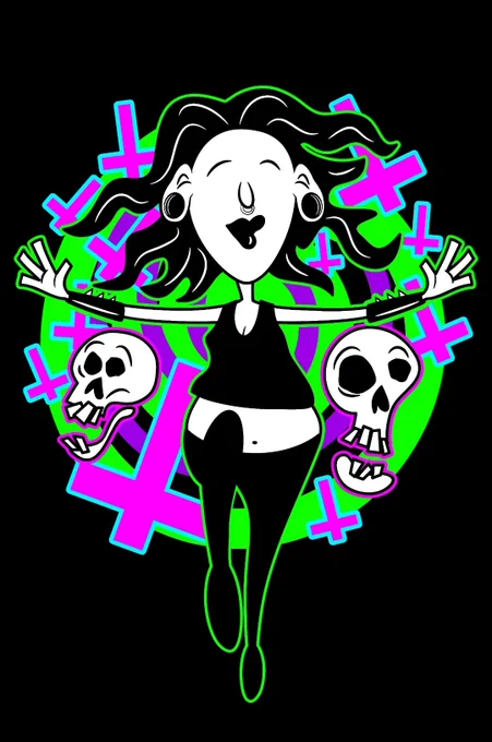 A woman with outstretched arms, skipping happily in her black clothing and spiked wristbands. She has piercings and black lipstick. The surrounding swirls of colour contain inverted crucifixes and screaming cartoon skulls.