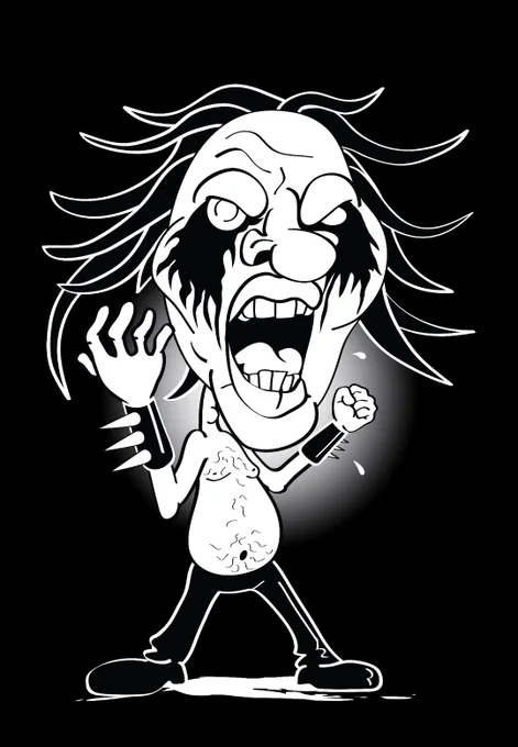 A stereotypical black metal frontman with corpse paint and a white contact lense. He's bare-chested with a beer gut and wearing spiked wristbands and leather trousers.