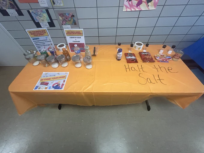 Table with food items for salt and sugar content