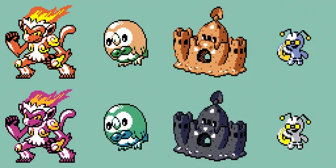 GBC-style sprites for Infernape, Rowlet, Palossand, and Roaming Gimmighoul
