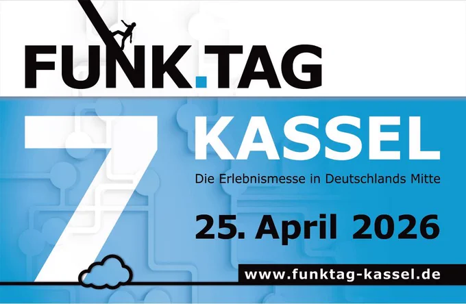 Werbebanner zum 7. FUNK.TAG Kassel. Der Schriftzug „FUNK.TAG" steht oben auf weißem Grund, darunter auf hellblauem Hintergrund eine große weiße „7" und die Ortsangabe „Kassel". Unter „Kassel" steht der Untertitel „Die Erlebnismesse in Deutschlands Mitte" und das Datum „25. April 2026". Rechts unten die URL funktag-kassel.de. Im Hintergrund sind stilisierte elektronische Schaltpläne angedeutet.