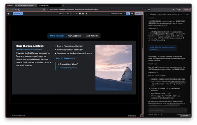 Builderius visual builder with canvas maximized and all panels hidden, showing an Tabs section. Claude Code running via remote-control on claude.ai on the right, discussing CSS columns layout with the agent.
