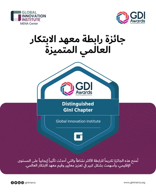 يسرّ معهد الابتكار العالمي الإعلان عن الفائزين بجائزة رابطة معهد الابتكار العالمي المتميزة لعام 2025، وذلك تقديرًا لجهودهم كرابطة لمعهد الابتكار العالم حول العالم والتي أظهرت قيادة متميّزة في تعزيز الابتكار، وتعزيز المشاركة المجتمعية، ودعم التطوير المهني داخل مجتمعاتهم.

Global Innovation Institute - KSA Chapter

يمكنكم الاطلاع على قائمة الفائزين والاحتفاء بهم عبر منصة لينكد ان:
https://lnkd.in/d_qUVN3t

#GInIMENA #GDIAwards2025 #DistinguishedGInIChapter #GlobalInnovationInstitute #Innovation #InnovationLeadership