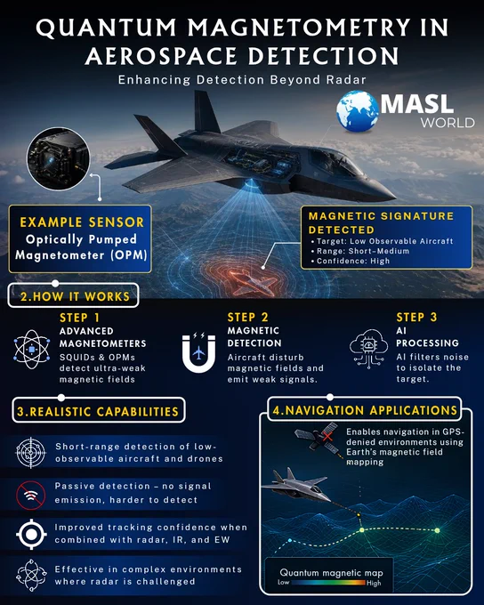 Infographic titled 'Quantum Magnetometry in Aerospace Detection.' It features a stealth fighter jet with a grid overlay showing magnetic signatures. The graphic is divided into seven sections covering how it works using OPM and SQUID sensors, its realistic capabilities for detecting low-observable drones, navigation in GPS-denied environments, strategic impact, technical challenges like signal noise, and a technical snapshot of sensitivity and AI processing