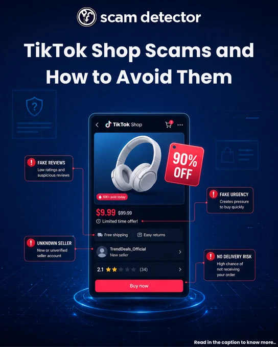 Infographic about TikTok Shop scams showing a product listing with heavy discounts and warning signs. Indicators include fake reviews, an unknown seller, urgent “limited time” messaging, and risk of non-delivery. The graphic explains how scammers use low prices and pressure tactics to trick buyers.