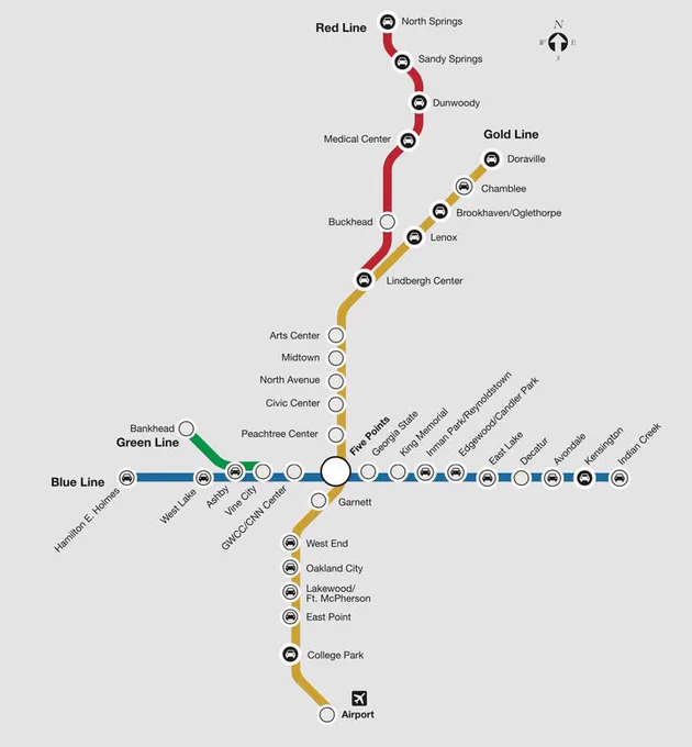 RAIL MAP FOR SATURDAY, APRIL 25, 2026
Red Line in service to Lindbergh Center all day. 
Green Line in service to Vine City.