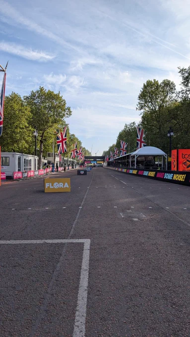 Central London all set up for the mini marathon with flags and signs saying ‘make some noise’