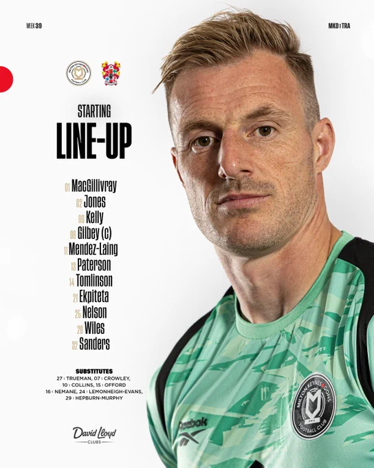 Lineup MKD v TRA: MacGillivray, Jones, Kelly, Gilbey (C), Mendez-Laing, Paterson, Tomlinson, Ekpiteta, Nelson, Wiles, Sanders. 

Subs: Trueman, Crowley, Collins, Offord, Nemane, Lemonheigh-Evans, Hepburn-Murphy.