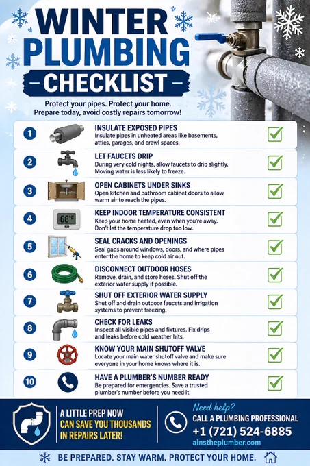 This infographic presents a comprehensive winter plumbing checklist designed to help homeowners protect their pipes during cold weather. It includes essential steps such as insulating exposed pipes, letting faucets drip, opening cabinets to promote warm-air circulation, sealing cracks, disconnecting outdoor hoses, checking for leaks, and locating the main shutoff valve. Following this checklist can help prevent frozen pipes, reduce costly repairs, and keep plumbing systems running efficiently throughout winter.