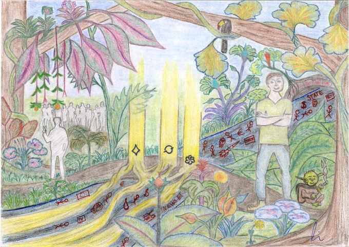 This random guy figured out, how to climb out the relentless and  oppressive "biomass river" of civilisation. He used some help by an old friend, one of the "big threes", who recently passed away. But now he stands with other on the shallow riverbank of the "biomass river", enjoying his being and reflects on the important things of life.