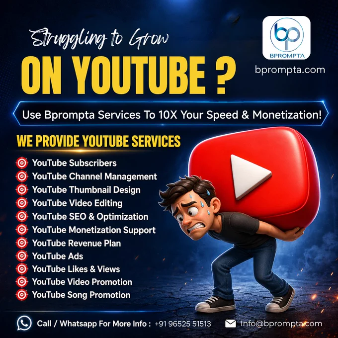 Turn Your YouTube Channel Into a Money Machine 💰

Not getting views, subscribers, or revenue on YouTube?
We’ve got you covered.
At Bprompta, we help creators and businesses grow faster with proven strategies.

✔ Increase Subscribers
✔ Professional Thumbnail Design
✔ High-Quality Video Editing
✔ SEO & Optimization
✔ Monetization Support
✔ YouTube Ads & Promotions

Stop struggling and start scaling your channel today.

📞 Call/WhatsApp:  91 96525 51513
📩 info@bprompta.com